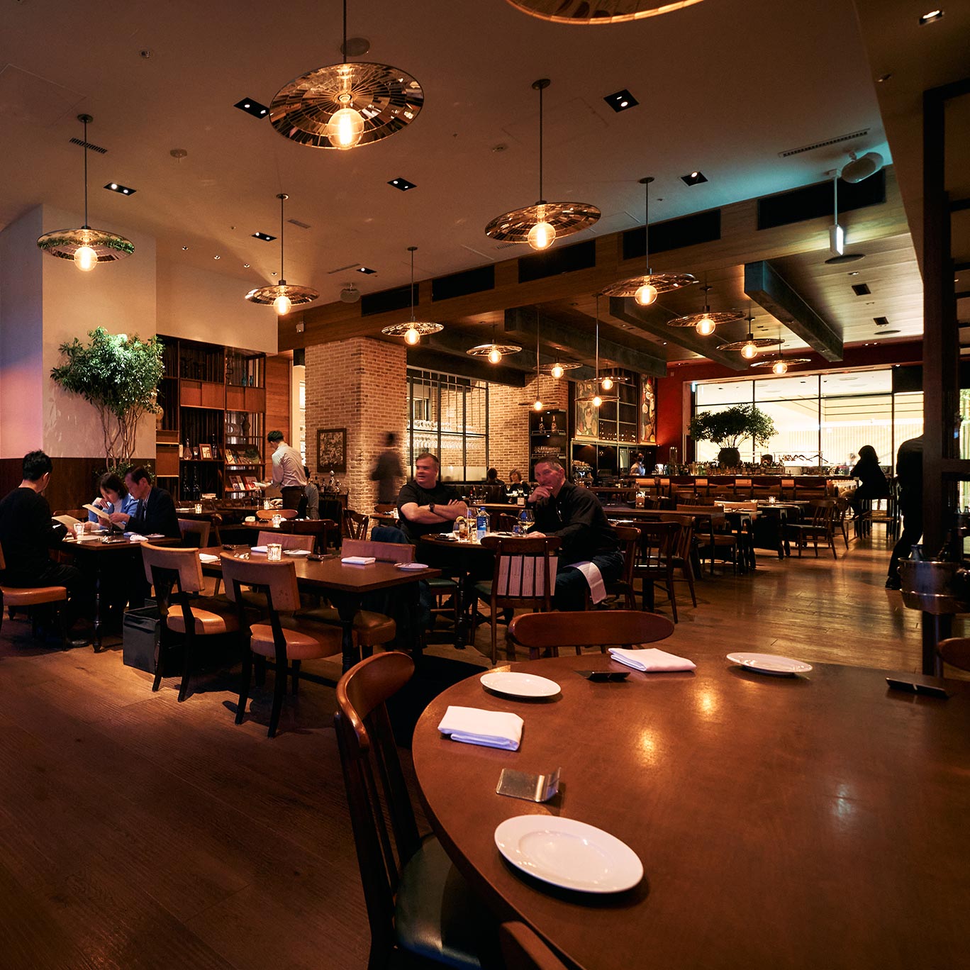 A spacious dining area with large windows
